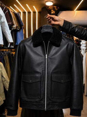 Black Aviator Leather Jacket with Sherpa Collar