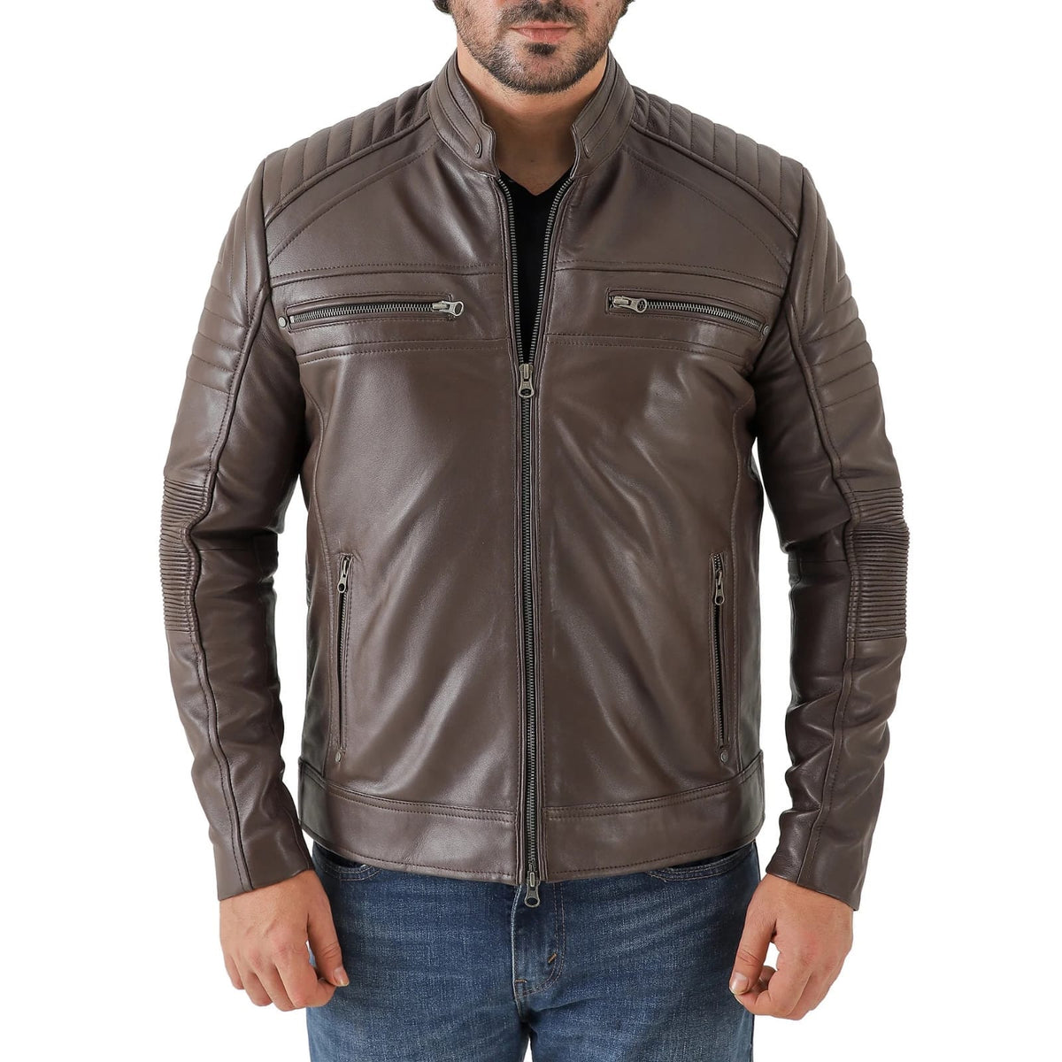 Mocha Racer Leather Jacket with Quilted Panels
