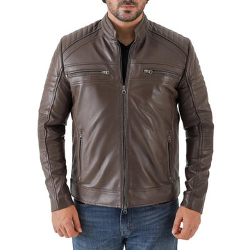 Mocha Racer Leather Jacket with Quilted Panels