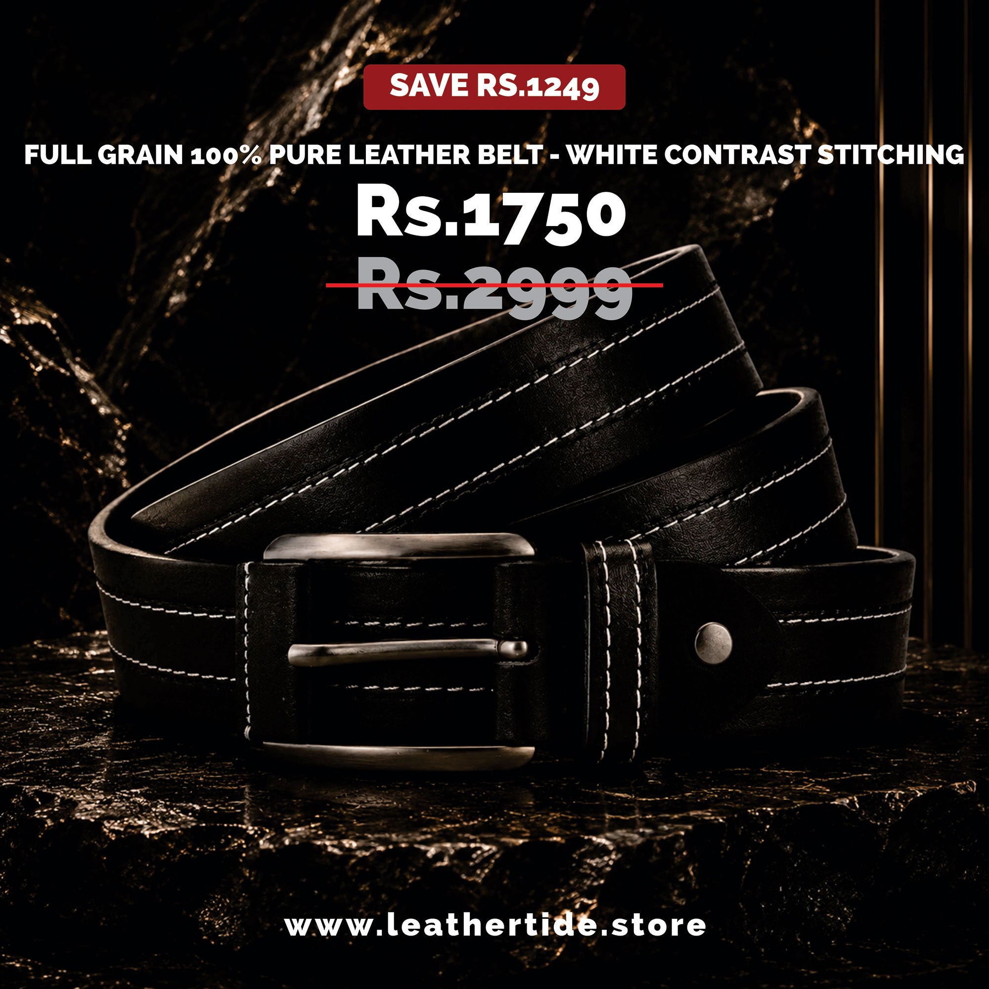 Full Grain 100% Pure Leather Belt - White Contrast Stitching