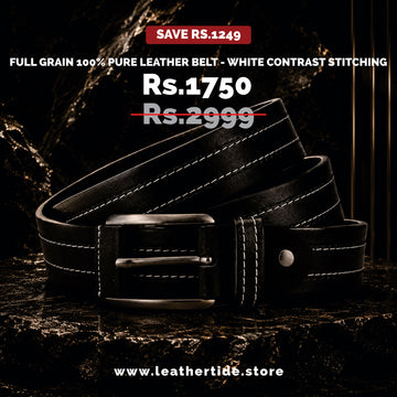 Full Grain 100% Pure Leather Belt - White Contrast Stitching