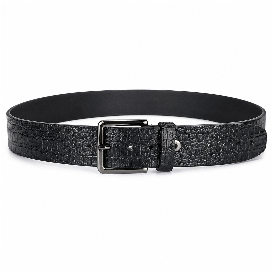 Black Crocodile Textured Leather Jeans Belt