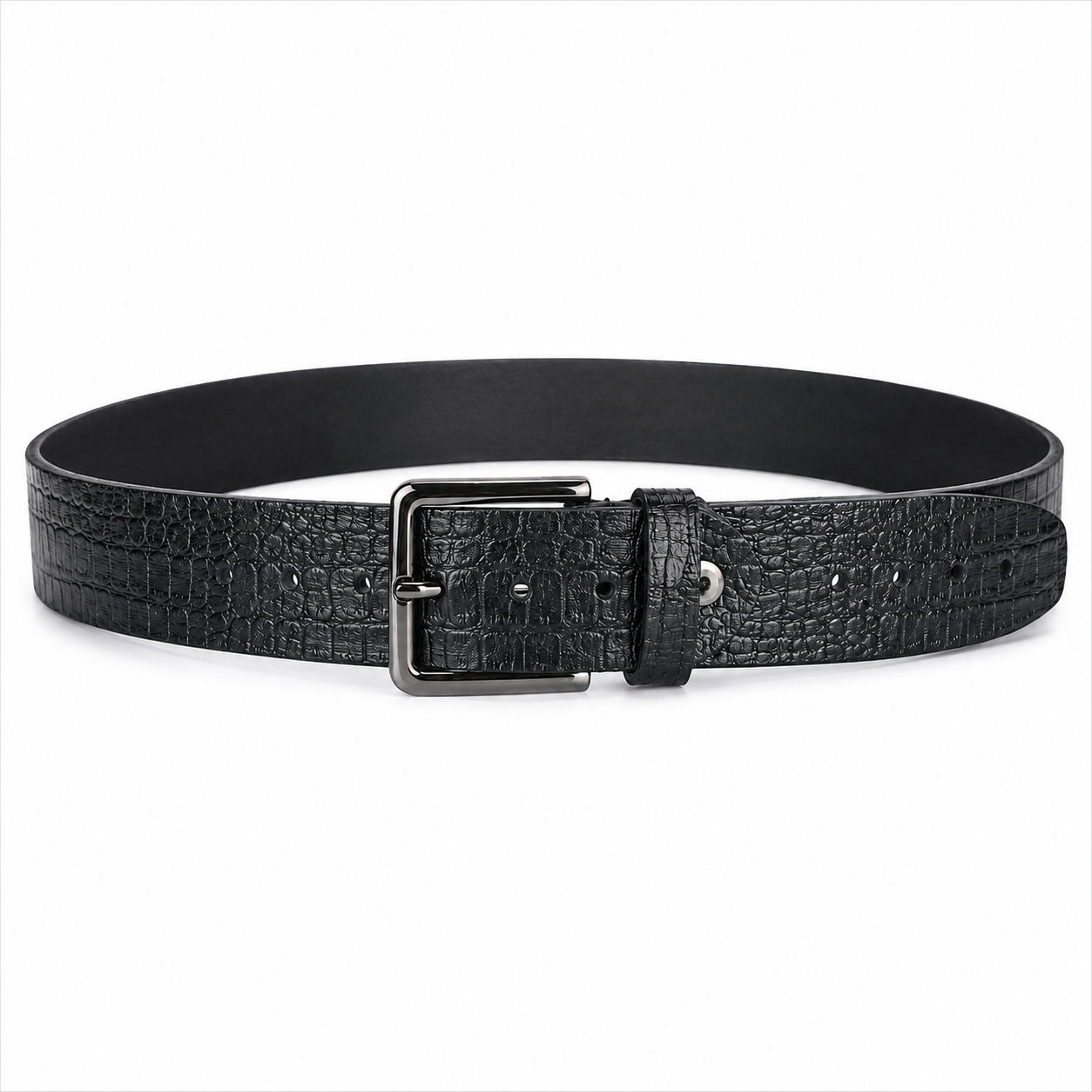 Black Crocodile Textured Leather Jeans Belt