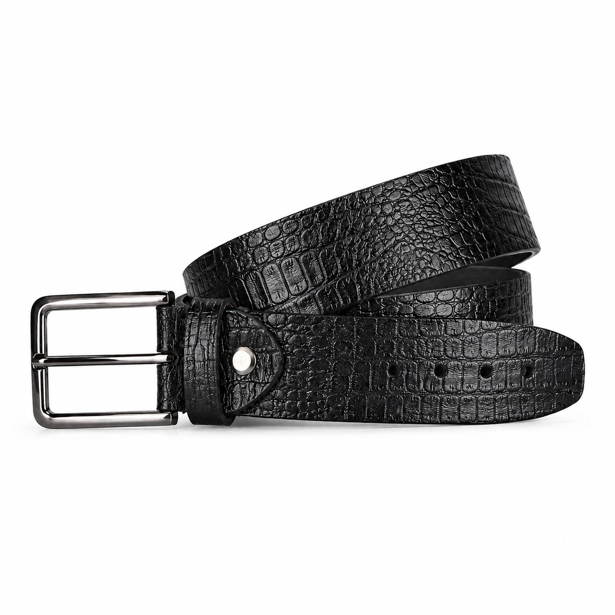 Black Crocodile Textured Leather Jeans Belt