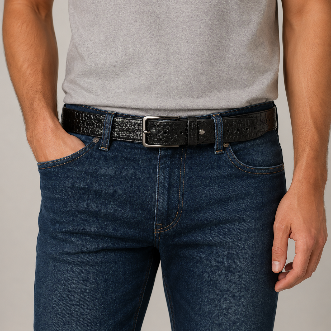 Black Crocodile Textured Leather Jeans Belt
