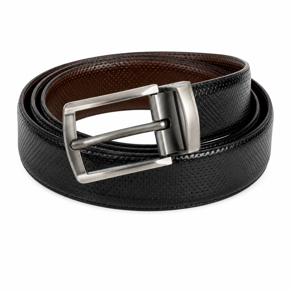 2-in-1 Double-Sided Cow Leather High Chrome Finish Belt - Perforated Black & Brown