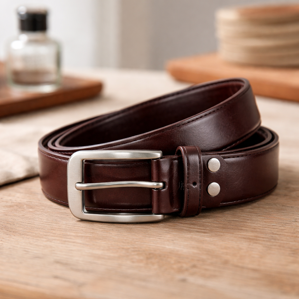 High Chrome Finish Belt 100% Genuine Leather Belt with Classic Pin Buckle – Brown Premium Waist Strap