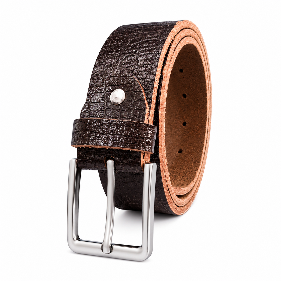 Brown Crocodile Textured Leather Jeans Belt