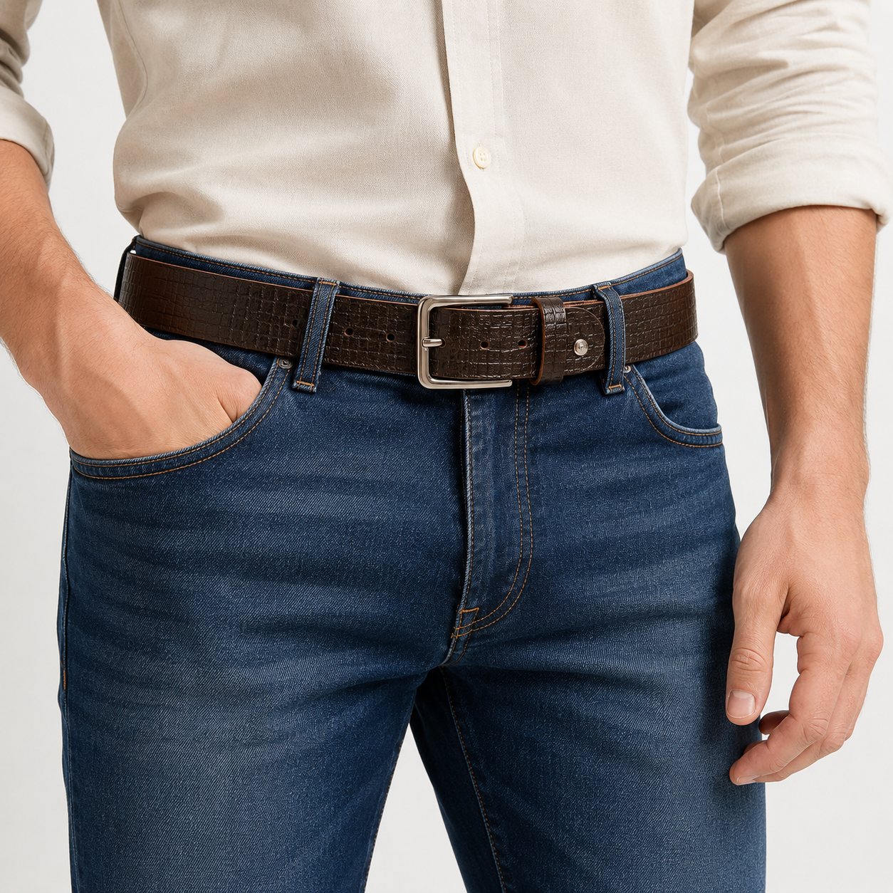 Brown Crocodile Textured Leather Jeans Belt