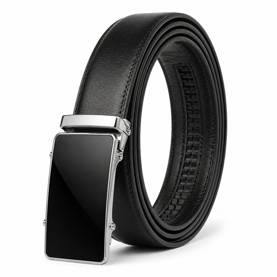 Leather Tide™ Premium Black Auto Lock Belt – Chrome Buckle, Perfect Fit (No Holes)