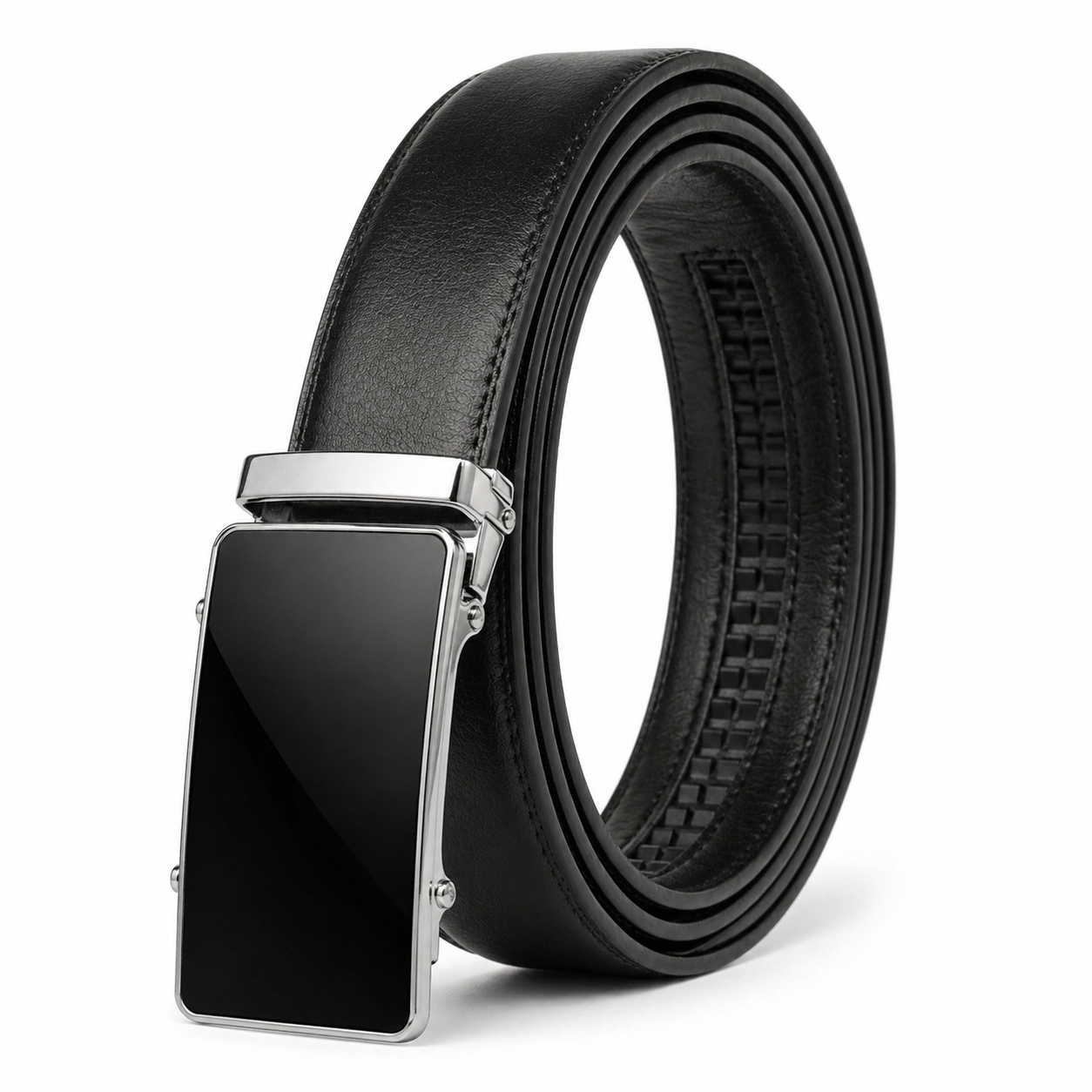 Leather Tide™ Premium Black Auto Lock Belt – Chrome Buckle, Perfect Fit (No Holes)