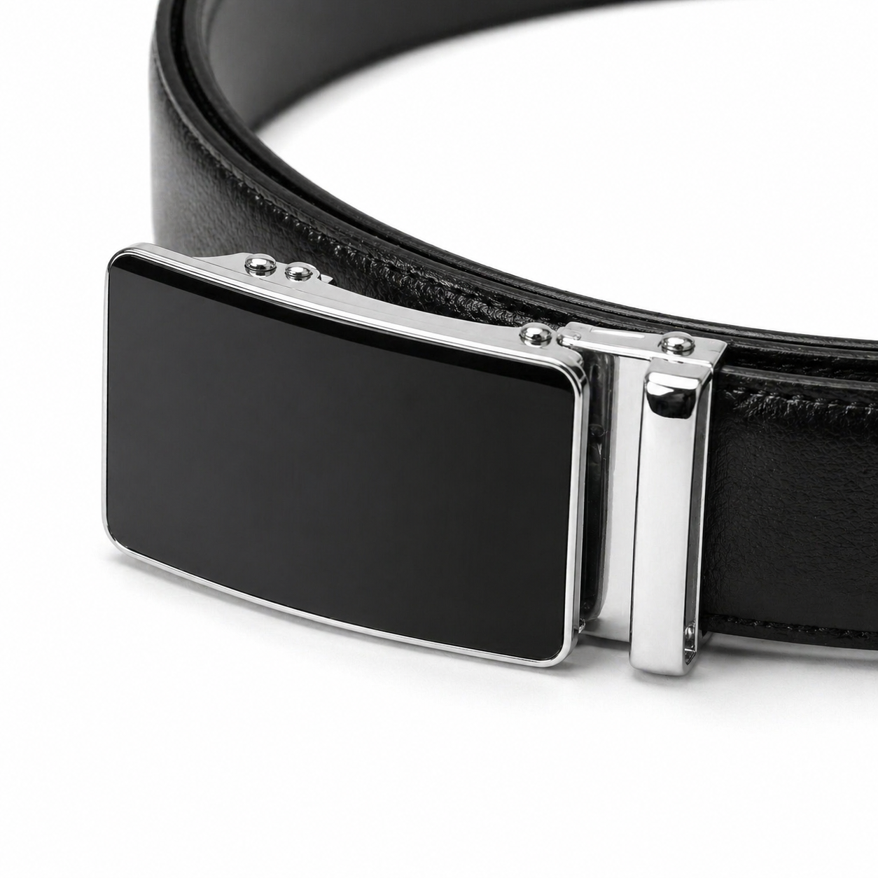 Leather Tide™ Premium Black Auto Lock Belt – Chrome Buckle, Perfect Fit (No Holes)