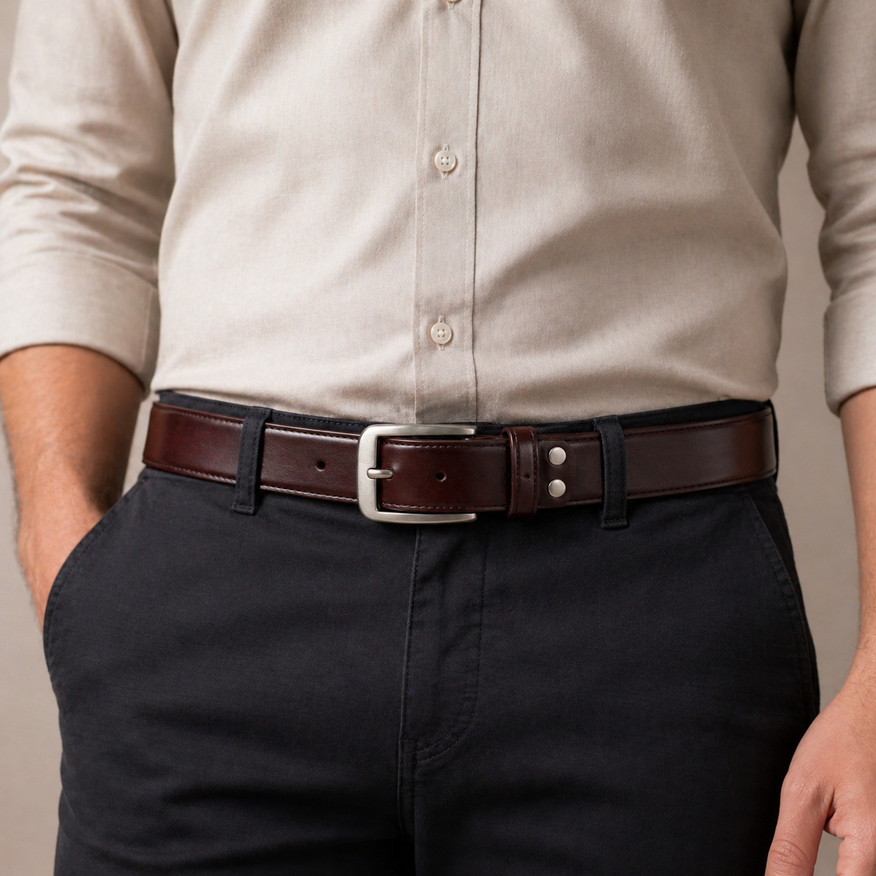 High Chrome Finish Belt 100% Genuine Leather Belt with Classic Pin Buckle – Brown Premium Waist Strap