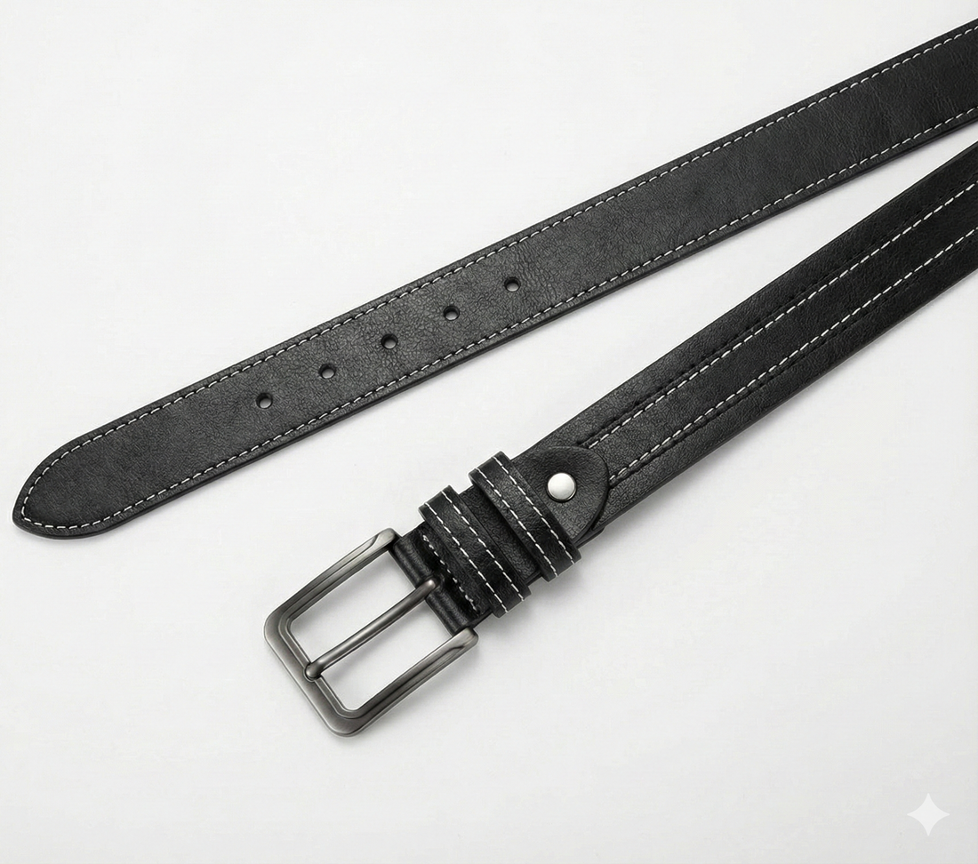 Black Full Grain 100 % Leather Jeans Belt - White Contrast Stitching