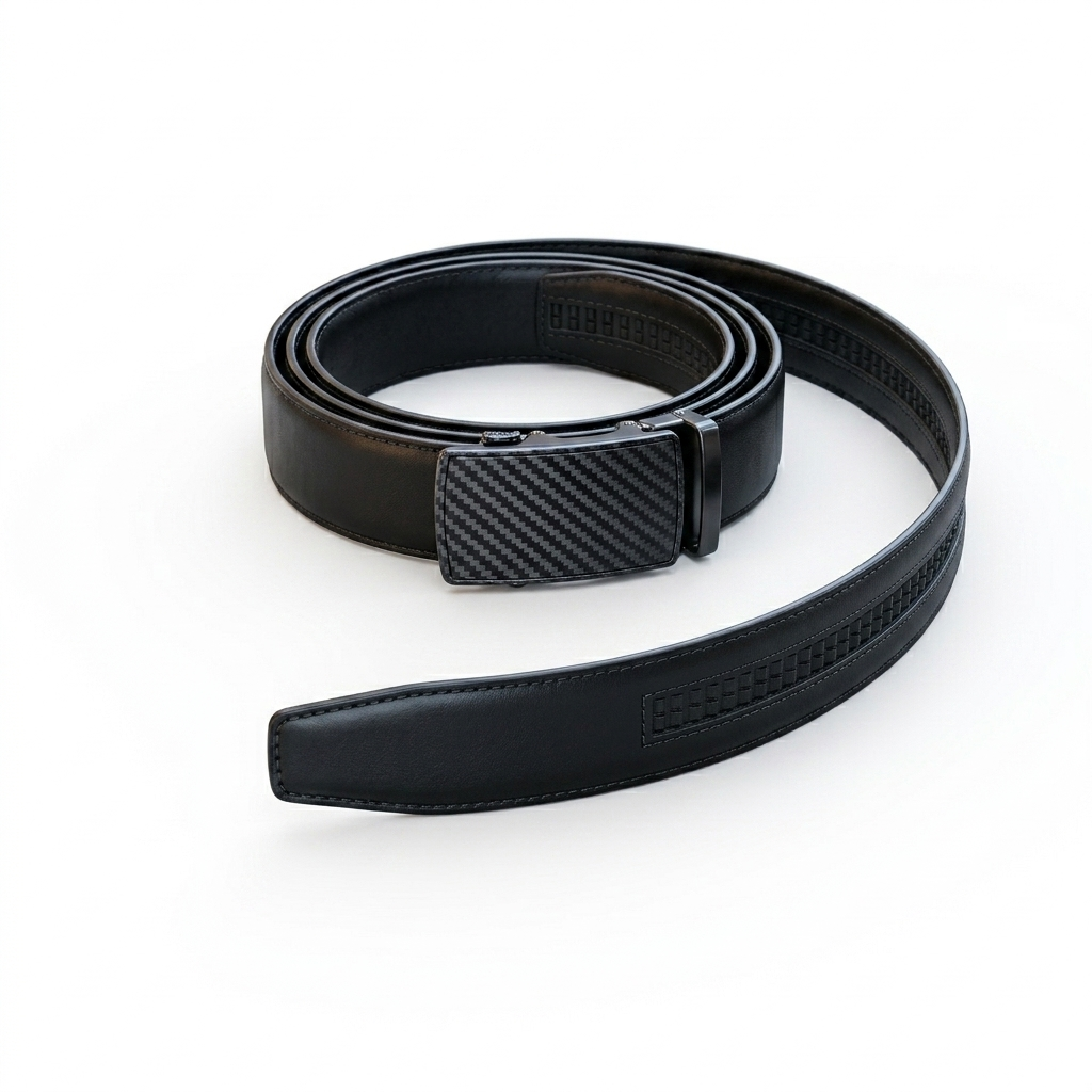 Full Grain 100% Genuine Leather Auto Lock Belt – Black Carbon Fiber Style Premium Waist Strap