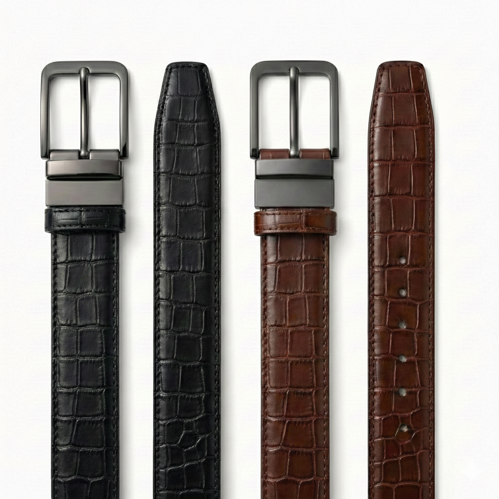 2-in-1 Double-Sided Cow Leather High Chrome Finish Belt – Crocodile Black & Brown