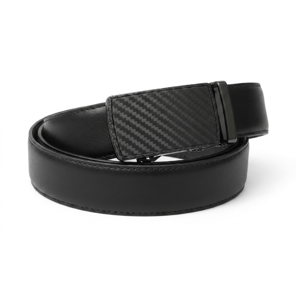 Full Grain 100% Genuine Leather Auto Lock Belt – Black Carbon Fiber Style Premium Waist Strap