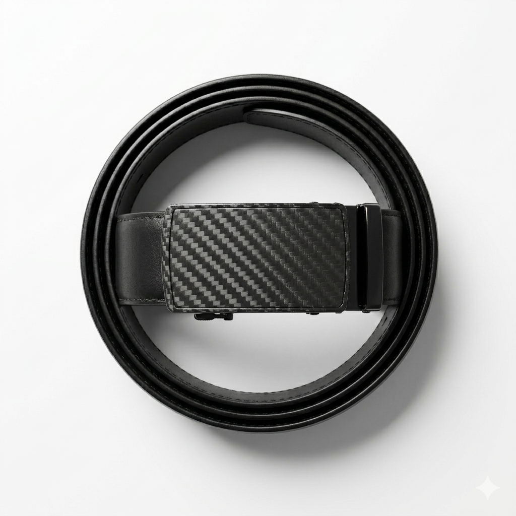 Full Grain 100% Genuine Leather Auto Lock Belt – Black Carbon Fiber Style Premium Waist Strap