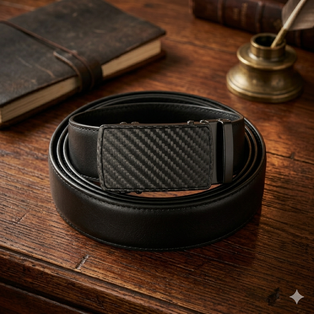 Full Grain 100% Genuine Leather Auto Lock Belt – Black Carbon Fiber Style Premium Waist Strap