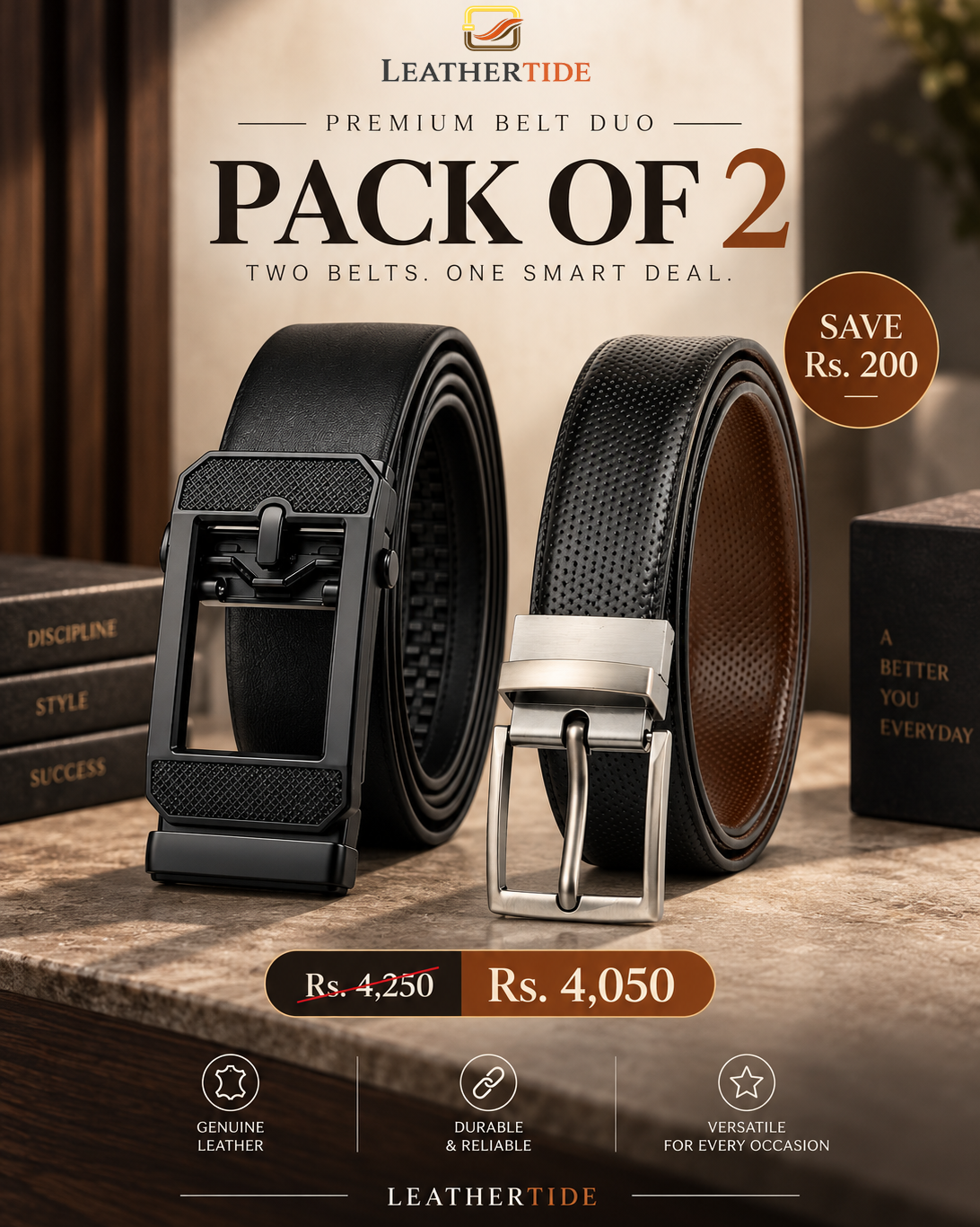 LeatherTide Premium Belt Duo – Pack of 2 | Genuine Leather Belts
