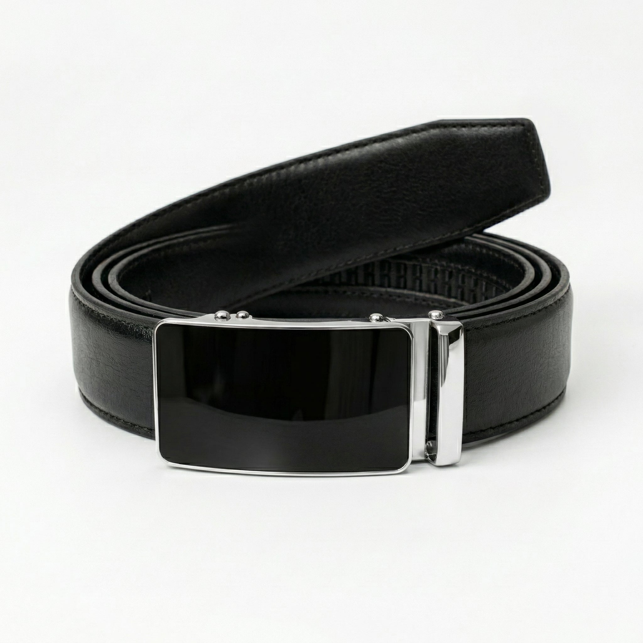 Leather Tide™ Premium Black Auto Lock Belt – Chrome Buckle, Perfect Fit (No Holes)
