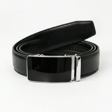 Leather Tide™ Premium Black Auto Lock Belt – Chrome Buckle, Perfect Fit (No Holes)