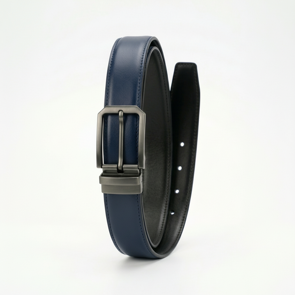 2-in-1 Reversible Genuine Cow Leather Belt – Premium Chrome Buckle (Black & Deep blue)